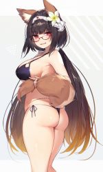 Rule 34 | 1girl, animal ear fluff, animal ears, ass, bare shoulders, bikini, black hair, blush, breasts, commentary request, fate/grand order, fate (series), flower, fox ears, fox tail, from behind, glasses, hair flower, hair ornament, large breasts, long hair, looking back, muryotaro, osakabehime (fate), osakabehime (foxy lady) (fate), parted lips, purple eyes, red-framed eyewear, shiny clothes, shiny skin, side-tie bikini bottom, simple background, solo, sweat, sweatdrop, swimsuit, tail, thighs, thong bikini