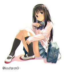 Rule 34 | 1girl, bag, black hair, black socks, blue skirt, brown eyes, cardigan, cellphone, closed mouth, collared shirt, commentary request, full body, hand up, holding, holding phone, kneehighs, koutaro, long hair, long sleeves, looking at viewer, original, phone, pleated skirt, school bag, school uniform, shadow, shirt, shoes, sitting, skirt, sleeves past wrists, socks, solo, twitter username, uwabaki, very long hair, white background, white cardigan, white footwear, white shirt