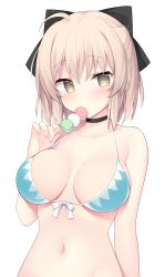 Rule 34 | 1girl, ahoge, bikini, bikini top only, black bow, blonde hair, blue bikini, blush, bow, breasts, choker, collarbone, dango, fate (series), food, food in mouth, front-tie top, hair bow, highres, koha-ace, looking at viewer, medium breasts, miko (royal milk), navel, okita souji (fate), okita souji (koha-ace), short hair, simple background, solo, swimsuit, wagashi, white background, yellow eyes