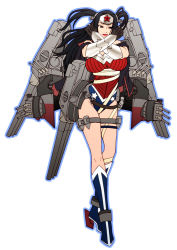Rule 34 | 1girl, black hair, blue eyes, boots, breasts, chiba toshirou, crossed arms, dc comics, full body, fusion, kantai collection, knee boots, large breasts, leotard, lips, long hair, looking at viewer, mecha musume, musashi (kancolle), outline, solo, superhero costume, two side up, white background, wonder woman, wonder woman (series)
