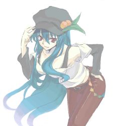 Rule 34 | 1girl, alternate costume, bent over, blue hair, cabbie hat, casual, contemporary, female focus, food, fruit, hand on own hip, hat, hinanawi tenshi, hip focus, leaf, leaning forward, long hair, maou, peach, red eyes, sengoku aky, solo, touhou