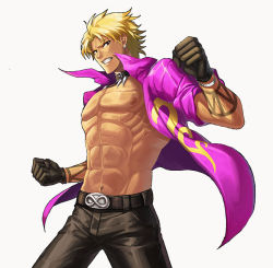Rule 34 | 1boy, abs, bad id, bad pixiv id, belt, belt buckle, black belt, black gloves, black pants, blonde hair, buckle, clenched teeth, collar, collared shirt, cowboy shot, dark-skinned male, dark skin, gloves, jacket, looking at viewer, male focus, muscular, muse (rainforest), navel, nipples, open clothes, pants, pectorals, purple shirt, ribs, shen woo, shirt, sleeves rolled up, snk, solo, tattoo, teeth, the king of fighters