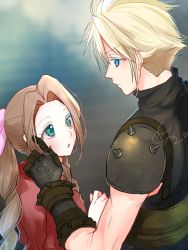 Rule 34 | 1boy, 1girl, aerith gainsborough, armor, belt, blonde hair, blue eyes, blush, braid, braided ponytail, brown hair, cloud strife, couple, final fantasy, final fantasy vii, final fantasy vii remake, gloves, green eyes, grey shirt, hair between eyes, hair ribbon, hand in another&#039;s hair, jacket, long hair, looking at another, parted bangs, parted lips, pink ribbon, red jacket, ribbon, shirt, short hair, shoulder armor, sidelocks, signature, sleeveless, sleeveless turtleneck, spiked hair, suspenders, turtleneck, upper body, yumineko