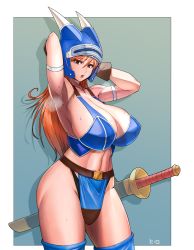 Rule 34 | 1girl, armlet, armor, blue armor, breasts, brown eyes, brown gloves, brown hair, daisy (dq), dragon quest, dragon quest yuusha abel densetsu, fake horns, gloves, helmet, hero (do-belman), highres, horned helmet, horns, large breasts, long hair, looking at viewer, open mouth, solo, square enix, sword, weapon