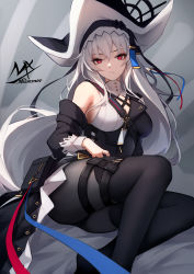 Rule 34 | 1girl, arknights, bare shoulders, bear hat, black hat, black pantyhose, black sleeves, breasts, closed mouth, clothing request, detached sleeves, grey hair, hair between eyes, hat, highres, large breasts, long hair, looking at viewer, official alternate costume, pantyhose, red eyes, shimmer, sitting, solo, specter (arknights), specter the unchained (arknights), split mouth, very long hair