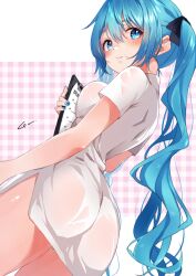 Rule 34 | 1girl, absurdres, alternate costume, anzu (x anzu ill), ass, black ribbon, blue eyes, blue hair, blue nails, blush, breast press, breasts, clipboard, closed mouth, commentary request, dress, dutch angle, fingernails, from side, hair between eyes, hair ribbon, hatsune miku, highres, holding, holding clipboard, long fingernails, long hair, looking at viewer, medium breasts, microdress, nail polish, nurse, panties, pantyshot, ribbon, short sleeves, signature, smile, solo, striped clothes, striped panties, turning head, twintails, underwear, very long hair, vocaloid, white dress