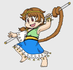 Rule 34 | 1girl, :d, bare shoulders, barefoot, brown eyes, brown hair, circlet, detached sleeves, dragon ball, dragon ball (classic), dress, edgycat, full body, grey background, holding, holding weapon, low twintails, monkey tail, multicolored clothes, multicolored dress, open mouth, ruyi jingu bang, simple background, single detached sleeve, sleeveless, sleeveless dress, smile, solo, son biten, tail, touhou, twintails, unfinished dream of all living ghost, weapon, white sleeves