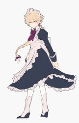 Rule 34 | 1boy, absurdres, aether (genshin impact), ahoge, alternate costume, apron, back bow, black dress, black footwear, blonde hair, bow, bowtie, braid, buttons, closed mouth, collared dress, commentary request, crossdressing, dress, enmaided, frills, full body, genshin impact, grey background, hair between eyes, hair bow, highres, juliet sleeves, leg07, long hair, long sleeves, looking at viewer, maid, maid headdress, male focus, puffy sleeves, purple bow, purple bowtie, shoes, simple background, socks, solo, standing, white apron, white bow, white socks, yellow eyes