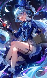 Rule 34 | 1girl, ahoge, ascot, black gloves, blue ascot, blue bow, blue brooch, blue eyes, blue footwear, blue hair, blue hat, blue jacket, blue theme, bow, commentary, cup, drinking glass, furina (genshin impact), genshin impact, gloves, hair between eyes, hat, hat bow, heterochromia, highres, holding, holding cup, jacket, long hair, long sleeves, looking at viewer, purple eyes, shorts, shuoruoranxing, smile, solo, sparkle, thigh strap, top hat, water drop, white shorts, wine glass