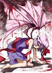 Rule 34 | 1girl, all fours, bad id, bad pixiv id, barefoot, bat wings, blood, blue hair, feet, female focus, hat, ogawa maiko, purple hair, red eyes, remilia scarlet, ribbon, short hair, sketch, solo, touhou, wings