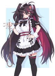 Rule 34 | 1girl, absurdres, ahoge, aigami himeka, anger vein, animal collar, apron, belt, black dress, black hair, black nails, black thighhighs, blush, breasts, collar, dress, frilled apron, frills, garter straps, hair ornament, hand on own hip, highres, large breasts, long hair, looking at viewer, maid, maid apron, maid headdress, multicolored hair, original, puffy sleeves, red belt, red eyes, red hair, simple background, solo, thigh strap, thighhighs, twintails, two-tone hair, waist apron, white apron, wrist cuffs, yagi (ningen), zettai ryouiki