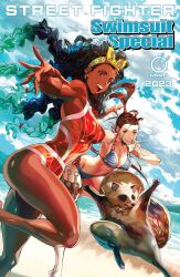 Rule 34 | 2girls, ass, bikini, black hair, braid, breasts, brown hair, capcom, cleavage, covered erect nipples, dark-skinned female, dark skin, don (street fighter), hairband, highres, ibuki (street fighter), kimberly jackson, kunai, large breasts, medium breasts, mouth hold, multiple girls, one-piece swimsuit, open mouth, panzer (pnzrk), raccoon, second-party source, smile, street fighter, street fighter 6, street fighter iii (series), striped bikini, striped clothes, swimsuit, udon entertainment, weapon