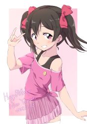 Rule 34 | 1girl, \m/, bare shoulders, black hair, blush, bow, character name, collarbone, dated, grin, hair between eyes, hair bow, hand up, happy birthday, highres, looking at viewer, love live!, love live! school idol project, off-shoulder shirt, off shoulder, pink background, pink eyes, pink shirt, pink skirt, pleated skirt, red bow, sen (sen0910), shirt, skirt, smile, solo, thighhighs, twintails, two-tone background, white background, white thighhighs, yazawa nico