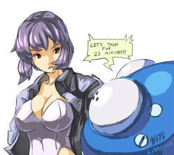 Rule 34 | 1girl, 2013, breasts, cleavage, cyborg, dated, english text, ghost in the shell, ghost in the shell stand alone complex, jacket, junkpuyo, kusanagi motoko, large breasts, leotard, mecha, open clothes, open jacket, purple hair, red eyes, robot, short hair, tachikoma