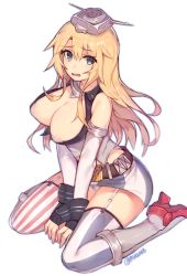 Rule 34 | 10s, 1girl, american flag legwear, american flag panties, areola slip, black gloves, blonde hair, blue eyes, blush, breasts, cleavage, detached sleeves, fingerless gloves, garter straps, gloves, highres, iowa (kancolle), kantai collection, large breasts, long hair, looking at viewer, miniskirt, mukka, open mouth, panties, pantyshot, simple background, sitting, skirt, solo, thighhighs, underwear, wariza, white background, wrist cuffs