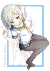 Rule 34 | 1girl, bed sheet, black pantyhose, black skirt, blue border, blue eyes, blue sailor collar, border, breasts, character name, grey hair, hair ornament, hairclip, hamakaze (kancolle), hamaken. (novelize), highres, kantai collection, knees up, large breasts, lying, neckerchief, on back, open mouth, outside border, pantyhose, pleated skirt, sailor collar, shirt, short hair, short sleeves, sideways, skirt, solo, white shirt, yellow neckerchief
