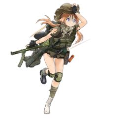 Rule 34 | 1girl, ammunition pouch, animal print, backpack, bag, bandaged leg, bandages, black footwear, blue eyes, boots, brown hair, brown hat, brown shirt, camouflage, cat print, clenched teeth, cowboy hat, cross-laced footwear, dropping, f1 (girls&#039; frontline), f1 (gun), f1 (mod3) (girls&#039; frontline), fingerless gloves, firing, flashlight, full body, girls&#039; frontline, gloves, green footwear, griffin &amp; kryuger, gun, hand on headwear, harness, hat, highres, holding, holding gun, holding weapon, keffiyeh, kisetsu, knee pads, lace-up boots, load bearing equipment, long hair, machete, mod3 (girls&#039; frontline), official art, pouch, shirt, shoes, short sleeves, shovel, simple background, single boot, single shoe, socks, solo, standing, standing on one leg, submachine gun, sweatdrop, tears, teeth, torn clothes, torn hat, torn shirt, transparent background, trigger discipline, turn pale, twintails, two-tone footwear, weapon, white socks