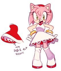 Rule 34 | 1girl, :d, amy rose, dress, furry, furry female, green eyes, hands on own hips, highres, korean text, looking at viewer, open mouth, red dress, smile, solo, sonic (series), standing, translation request, weon1119, white dress
