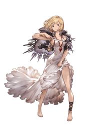 Rule 34 | 10s, 1girl, ankle lace-up, barefoot, blonde hair, breasts, brown eyes, capelet, cross-laced footwear, dagger, djeeta (granblue fantasy), dress, full body, granblue fantasy, holding, holding clothes, holding skirt, holding weapon, knife, long dress, looking at viewer, minaba hideo, official art, serious, short hair, sideboob, skirt, solo, standing, transparent background, weapon