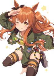 Rule 34 | 1girl, ;q, amerika juu pan, animal ears, black ribbon, bow, brown thighhighs, closed mouth, commentary request, dog tags, ear ribbon, green jacket, grey footwear, highres, horse ears, horse girl, horse tail, jacket, long hair, looking at viewer, mayano top gun (umamusume), one eye closed, orange hair, ribbon, salute, shoes, shorts, simple background, sitting, smile, solo, star (symbol), tail, thighhighs, thighs, tongue, tongue out, two side up, umamusume, wariza, white background, white shorts, yellow eyes