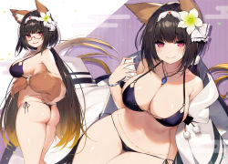 Rule 34 | 1girl, absurdres, animal ear fluff, animal ears, ass, bare shoulders, bikini, black hair, blush, bracelet, breasts, cleavage, closed mouth, fang, fang out, fate/grand order, fate (series), flower, fox ears, fox tail, from behind, glasses, hair flower, hair ornament, highres, jewelry, large breasts, long hair, looking back, low twintails, magatama, magatama necklace, multiple views, muryotaro, navel, necklace, osakabehime (fate), osakabehime (foxy lady) (fate), parted lips, pink eyes, pom pom (clothes), red-framed eyewear, scan, shiny clothes, shiny skin, side-tie bikini bottom, smile, sweat, sweatdrop, swimsuit, tail, thigh gap, thighs, thong bikini, twintails, x hair ornament