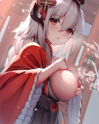 Rule 34 | 1girl, absurdres, azur lane, blush, breasts, breasts out, cherry blossoms, covering breasts, covering privates, cross hair ornament, frilled sleeves, frills, grey hair, hair ornament, highres, japanese clothes, jean.organ, large breasts, looking at viewer, low tied hair, nurnberg (azur lane), nurnberg (spring wanderer) (azur lane), open mouth, red eyes, short hair, solo, torii, wide sleeves