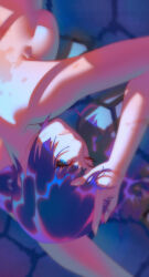 Rule 34 | 1girl, arms up, bakemonogatari, bare shoulders, blue eyes, breasts, commentary request, fingernails, from above, hair spread out, hand in own hair, highres, lips, looking at viewer, looking up, lying, medium breasts, medium hair, monogatari (series), nude, on stomach, one eye closed, out of frame, parted lips, purple hair, rapa rachi, senjougahara hitagi, solo