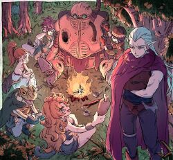 Rule 34 | 3boys, 4girls, amakekke, anniversary, arms behind back, ayla (chrono trigger), blonde hair, blue tunic, boned meat, brown hair, brown tunic, camping, can, canned food, cape, caveman, chrono trigger, cloak, commentary request, crono (chrono trigger), crossed arms, curly hair, fire, food, frog (chrono trigger), gloves, grass, green cloak, high ponytail, highres, long hair, looking at another, looking up, lucca ashtear, magus (chrono trigger), marle (chrono trigger), meat, multiple boys, multiple girls, non-humanoid robot, nu (chrono trigger), pointy ears, red hair, repairing, robo (chrono trigger), robot, sleeping, strapless, tree, tube top, white hair