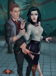 Rule 34 | 1boy, 1girl, age difference, ass, between legs, bioshock, bioshock (series), bioshock infinite, black hair, blue eyes, booker dewitt, breasts, captured, cigarette, corset, disability, elizabeth (bioshock infinite), forced, headpat, highres, incest, neck ribbon, pantyhose, penis, ribbon, self-upload, sex, sex from behind, standing, thimble, torn clothes, unbuttoned, underwater