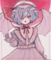 Rule 34 | 1girl, bat wings, blush, buttons, commentary, fangs, grey hair, hair between eyes, hat, hat ribbon, long sleeves, looking at viewer, mob cap, open mouth, pink shirt, pink skirt, red eyes, red ribbon, remilia scarlet, ribbon, shirt, short hair, skirt, solo, symbol-only commentary, touhou, upper body, white hat, wings, yujup