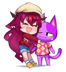 Rule 34 | animal crossing, animal ears, blush, bob (animal crossing), boots, cat ears, dasdokter, hat, hololive, hololive english, horns, hug, irys (hololive), long hair, long sleeves, multicolored hair, nintendo, pointy ears, purple hair, red hair, short hair, shorts, smile, sweater, tail, virtual youtuber