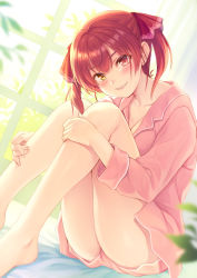 Rule 34 | 1girl, absurdres, barefoot, breasts, cleavage, collarbone, commentary request, feet, hair ribbon, heterochromia, highres, himamo, hololive, houshou marine, legs, looking at viewer, medium breasts, pajamas, pink pajamas, red eyes, red ribbon, ribbon, short hair, sitting, smile, solo, twintails, virtual youtuber, yellow eyes