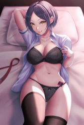 Rule 34 | 1girl, absurdres, arm behind head, arm up, bed, black bow, black bra, black panties, black thighhighs, blanket, blue hair, blue shirt, bow, bow bra, bow panties, bra, breasts, cameltoe, cleavage, collarbone, condom, condom in clothes, condom wrapper, ear piercing, earrings, embroidered bra, from above, hayami kanade, highres, idolmaster, idolmaster cinderella girls, indoors, jewelry, light blush, looking at viewer, medium breasts, momi yuro, navel, necklace, necktie, no pants, on bed, open clothes, open shirt, panties, piercing, pillow, red necktie, shirt, short hair, short sleeves, sidelocks, smile, solo, string panties, thighhighs, thighs, underwear, yellow eyes