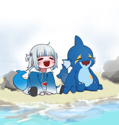 Rule 34 | 1girl, 1other, absurdres, appleblossomtea, beach, blue hair, blue hoodie, blunt bangs, blush, chibi, chibi only, closed eyes, commentary, crossover, english commentary, fins, fish tail, gawr gura, gawr gura (1st costume), gobfin, grey hair, highres, hololive, hololive english, hood, hoodie, long hair, long sleeves, multicolored hair, open mouth, pal (creature), palworld, shark tail, sharp teeth, sitting, sleeves past wrists, streaked hair, tail, teeth, two side up, virtual youtuber, white footwear, wide sleeves