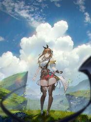 Rule 34 | 1girl, arms at sides, atelier (series), atelier ryza, atelier ryza 3, beret, black footwear, black gloves, black ribbon, black vest, blue sky, blurry, boots, bracelet, brown eyes, brown hair, chinese commentary, closed mouth, cloud, commentary request, cumulonimbus cloud, curvy, day, depth of field, floating hair, gloves, grass, hair between eyes, hair ornament, hair ribbon, hairclip, hat, highres, jewelry, looking at viewer, medium hair, outdoors, red shorts, reisalin stout, ribbon, shirt, shorts, single glove, sky, sleeveless, sleeveless shirt, smile, solo, split mouth, standing, thick thighs, thigh boots, thighs, vest, white hat, white shirt, wide shot, wind, xleontan