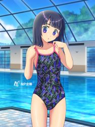 Rule 34 | 1girl, arena (company), black hair, competition swimsuit, highleg, highleg swimsuit, one-piece swimsuit, pool, purple eyes, swimsuit