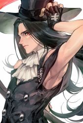 Rule 34 | 1boy, androgynous, arm up, armpits, bare shoulders, belt, black hair, black suit, cage, collared shirt, formal, gloves, guilty gear, guilty gear strive, hat ornament, highres, holding, holding weapon, kin mokusei, long hair, looking at viewer, off shoulder, red eyes, scythe, shirt, simple background, solo, suit, testament (guilty gear), trap, upper body, weapon, white background, white gloves, white shirt