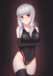 Rule 34 | 1girl, breasts, competition swimsuit, glasses, hachimitsu-b, heidimarie w. schnaufer, highleg, highleg swimsuit, large breasts, long hair, one-piece swimsuit, red eyes, strike witches, swimsuit, tail, thighhighs, white hair, world witches series