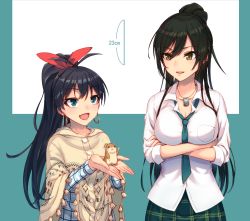 Rule 34 | 2girls, antenna hair, black hair, blue eyes, bow, breasts, cleavage, commentary request, crossed arms, dog tags, earrings, fang, ganaha hibiki, hair bow, hamster, hamuzou, height difference, high ponytail, highres, hoop earrings, idolmaster, idolmaster (classic), idolmaster shiny colors, jewelry, large breasts, long hair, looking at another, multiple girls, necklace, necktie, nekoman (sirokuropm), open mouth, plaid, plaid shirt, plaid skirt, pleated skirt, poncho, ponytail, school uniform, shirase sakuya, shirt, skirt, smile, white shirt, yellow eyes
