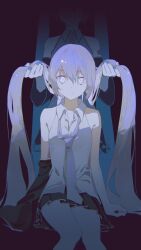 Rule 34 | 2girls, black skirt, blue hair, blue nails, closed mouth, collared shirt, dark background, detached sleeves, expressionless, hatsune miku, highres, holding another&#039;s hair, light blue hair, long hair, looking at viewer, manuga (manuga430), multiple girls, necktie, shirt, simple background, sitting, skirt, twintails, undone necktie, vocaloid, white eyes, white shirt