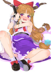 Rule 34 | 1girl, bare arms, bare shoulders, black footwear, blush, bottle, bow, brown hair, commentary request, fangs, hair bow, hands up, highres, holding, holding bottle, horn ornament, horn ribbon, horns, ibuki suika, long hair, looking at viewer, low-tied long hair, miniskirt, nose blush, oni, oni horns, open mouth, purple eyes, purple ribbon, purple skirt, puuakachan, red bow, red neckwear, ribbon, shirt, shoes, simple background, skirt, sleeveless, sleeveless shirt, socks, solo, spread legs, tears, touhou, very long hair, white background, white shirt, white socks, wrist cuffs