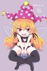 Rule 34 | 1girl, 2016, artist name, bad id, bad twitter id, black bra, black panties, blonde hair, blush, bra, cat cutout, cat lingerie, cleavage cutout, clothing cutout, clownpiece, crossed legs, dated, double v, fairy wings, hat, heart, heart-shaped pupils, highres, jester cap, looking at viewer, meme attire, navel, open mouth, panties, polka dot, red eyes, ryannari, side-tie panties, simple background, sitting, solo, symbol-shaped pupils, thighhighs, touhou, underwear, v, wings