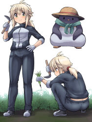 Rule 34 | 1girl, animal, antenna hair, ass, bird, black footwear, black pants, blonde hair, blush, breasts, brown headwear, closed mouth, commentary request, gloves, green eyes, hair between eyes, hand on own hip, highres, hijikata-san (m.m), holding, koshirae tsurugi (m.m), long hair, low ponytail, m.m, multiple views, original, pants, penguin, ponytail, shoes, small breasts, smile, squatting, white background, white gloves