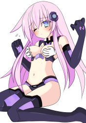 Rule 34 | 10s, 1girl, absurdres, bad id, bad pixiv id, bare shoulders, blue eyes, blush, boots, breasts, choujigen game neptune mk2, elbow gloves, female focus, gloves, grabbing, grabbing another&#039;s breast, groping, highres, ink, long hair, meimu (infinity), midriff, navel, nepgear, neptune (series), one eye closed, pink hair, purple sister, simple background, solo, symbol-shaped pupils, tears, thigh boots, thighhighs, w, white background