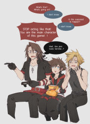 Rule 34 | 3boys, absurdres, arm strap, bag of chips, belt, black gloves, black jacket, black pants, black shirt, black sweater, blonde hair, blue eyes, bright pupils, brown hair, cloud strife, commentary, controller, cropped jacket, english commentary, english text, fermium.ice, final fantasy, final fantasy vii, final fantasy vii remake, final fantasy viii, food, game console, gloves, grey background, hands up, highres, holding, holding controller, holding food, invisible chair, jacket, jewelry, kingdom hearts, kingdom hearts ii, kingdom hearts iii, long hair, male focus, multiple belts, multiple boys, necklace, no armor, no gloves, open clothes, open jacket, open mouth, pants, parted bangs, pendant, playstation 4, pointing, puffy pants, red belt, scar, scar on face, scared, shaded face, shirt, short hair, short sleeves, simple background, sitting, sleeveless, sleeveless sweater, sora (kingdom hearts), speech bubble, spiked hair, squall leonhart, sweat, sweatdrop, sweater, thought bubble, trembling, turtleneck, turtleneck sweater, upper body, v-neck, white shirt
