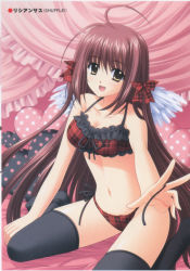 Rule 34 | 00s, 1girl, absurdres, ahoge, angel wings, bed, bra, breasts, brown eyes, brown hair, cleavage, fang, hair ribbon, highres, lingerie, lisianthus, long hair, navel, nishimata aoi, official art, open mouth, panties, ribbon, shuffle!, side-tie panties, smile, solo, stomach, thighhighs, underwear, underwear only, wings