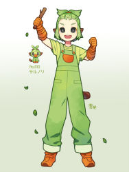 Rule 34 | 1boy, :d, animal ears, aona (noraneko), arms up, character name, clenched hand, creatures (company), forehead, game freak, gen 8 pokemon, gloves, grey eyes, grookey, hair pulled back, hair tie, holding, holding stick, humanization, looking at object, male focus, monkey ears, monkey tail, nintendo, open mouth, overalls, pokedex number, pokemon, shirt, shoes, short hair, signature, smile, sneakers, stick, t-shirt, tail, v-shaped eyebrows, work gloves
