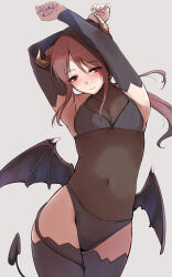 Rule 34 | 1girl, absurdres, armpits, arms up, bare shoulders, black leotard, black sleeves, black thighhighs, blush, bow, breasts, brown eyes, brown hair, cleavage, clenched hands, closed mouth, collarbone, cowboy shot, demon girl, demon horns, demon tail, demon wings, detached sleeves, dot nose, fake horns, fake tail, fake wings, grey background, hair bow, highres, horns, idolmaster, idolmaster cinderella girls, idolmaster cinderella girls starlight stage, large breasts, leotard, long hair, long sleeves, looking at viewer, midriff, mifune miyu, minori (m-noir), navel, ponytail, see-through, see-through cleavage, see-through leotard, sidelocks, simple background, smile, solo, standing, tail, thighhighs, wings