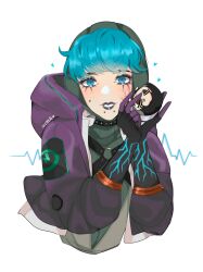 Rule 34 | 1girl, animification, apex legends, black eyeshadow, black lips, blue eyes, blue hair, bodysuit, cardiogram, character doll, cheek piercing, chin piercing, crypto (apex legends), eyeshadow, facial scar, green bodysuit, heart, highres, hood, hood down, hood up, hooded bodysuit, hooded jacket, itsaboutspoons, jacket, lightning bolt symbol, looking at viewer, makeup, mochikororin, official alternate costume, parted lips, purple jacket, ribbed bodysuit, scar, scar on cheek, scar on face, simple background, smile, solo, static specter wattson, upper body, wattson (apex legends), white background