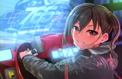Rule 34 | 1girl, arcade, brown eyes, brown hair, commentary request, grin, hair between eyes, highres, idolmaster, idolmaster cinderella girls, jacket, kilesha, long hair, looking at viewer, looking back, mask pull, mole, mole under eye, mouth mask, playing games, screen light, sharp teeth, smile, solo, sunazuka akira, surgical mask, teeth, twintails, video game
